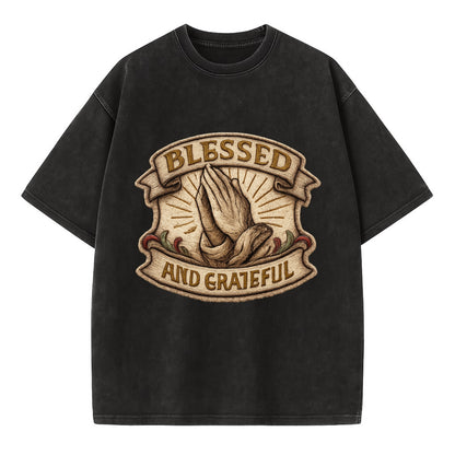 BLESSED AND GRATEFUL - praying hands with text in gold , thankful - Vintage T-shirt - Black