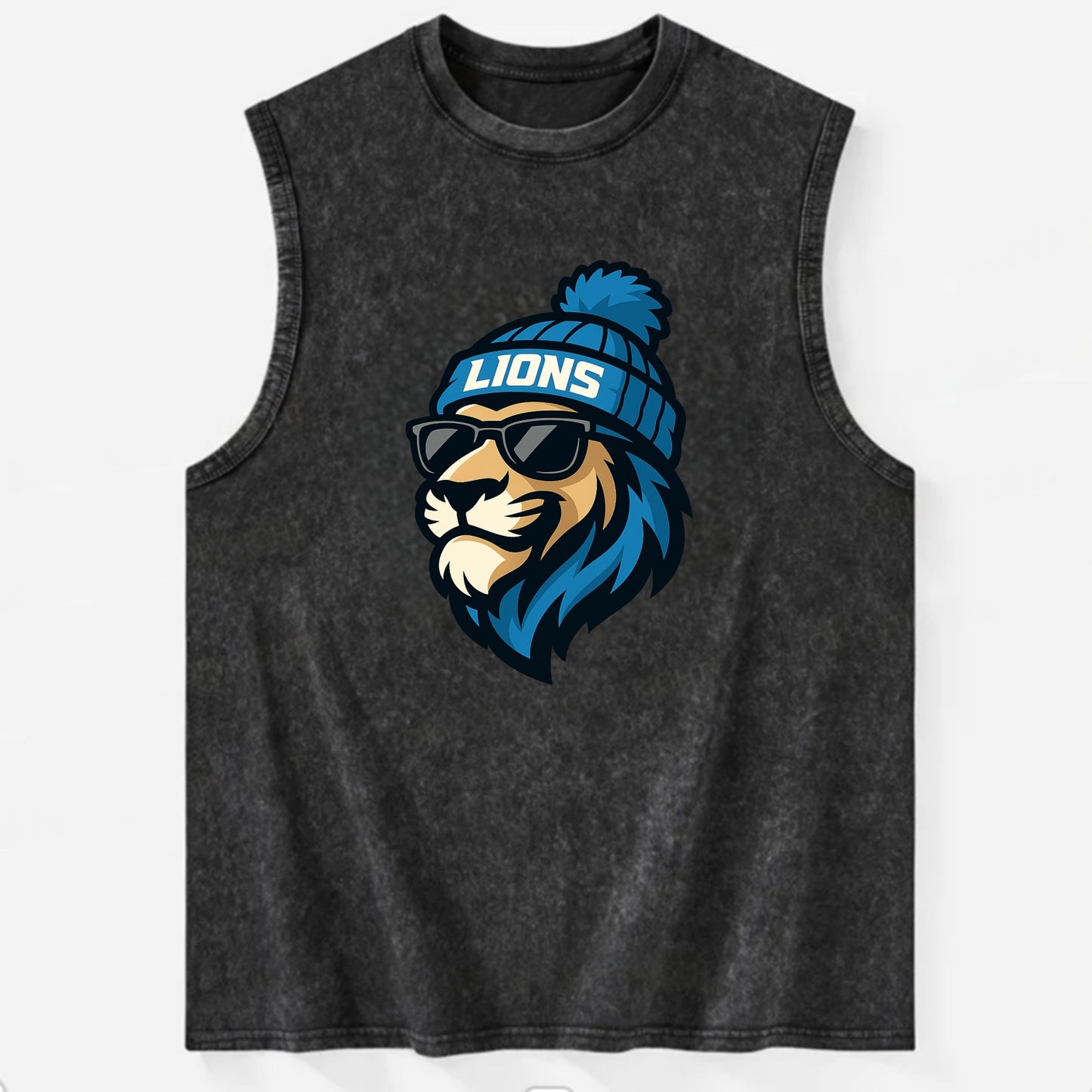 Detroit Lion wearing Lions Honolulu blue and silver beanie with pom pom and - Vintage Washed Tank - Black