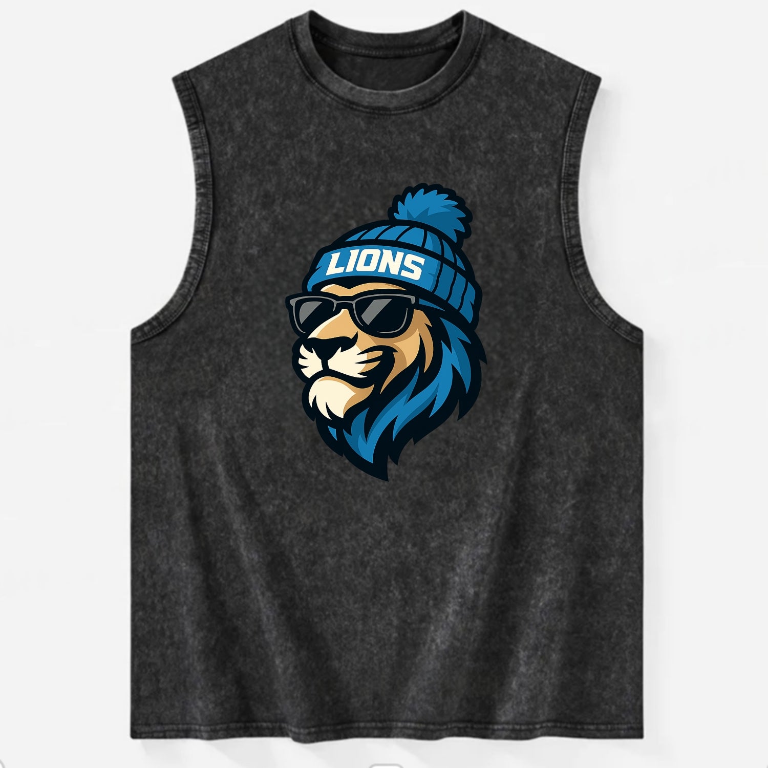 Detroit Lion wearing Lions Honolulu blue and silver beanie with pom pom and - Vintage Washed Tank - Black