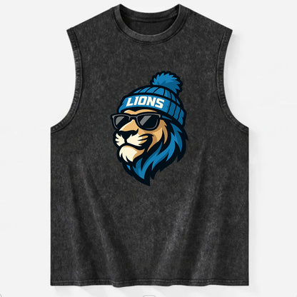 Detroit Lion wearing Lions Honolulu blue and silver beanie with pom pom and - Vintage Washed Tank - Black