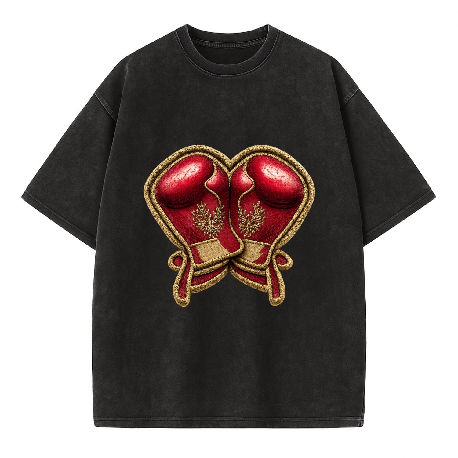 Embroidered patch design - BOXING GLOVES - red boxing gloves crossed in crimson - Vintage T-shirt - Black