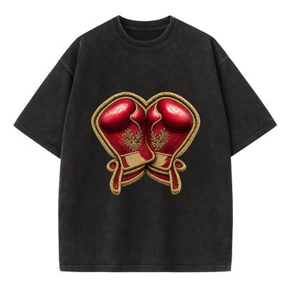 Embroidered patch design - BOXING GLOVES - red boxing gloves crossed in crimson - Vintage T-shirt - Black