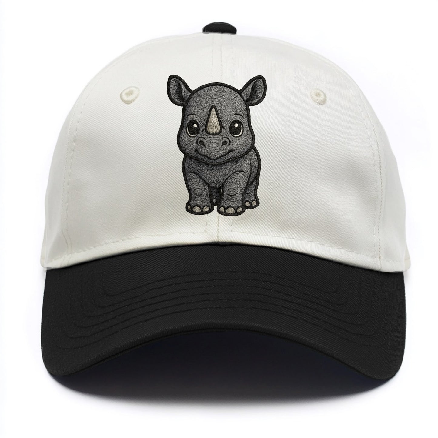 Baby Rhino - gray armor skin, tiny horn nub, round eyes, front-facing, tank baby - Two Tone Cap - Black