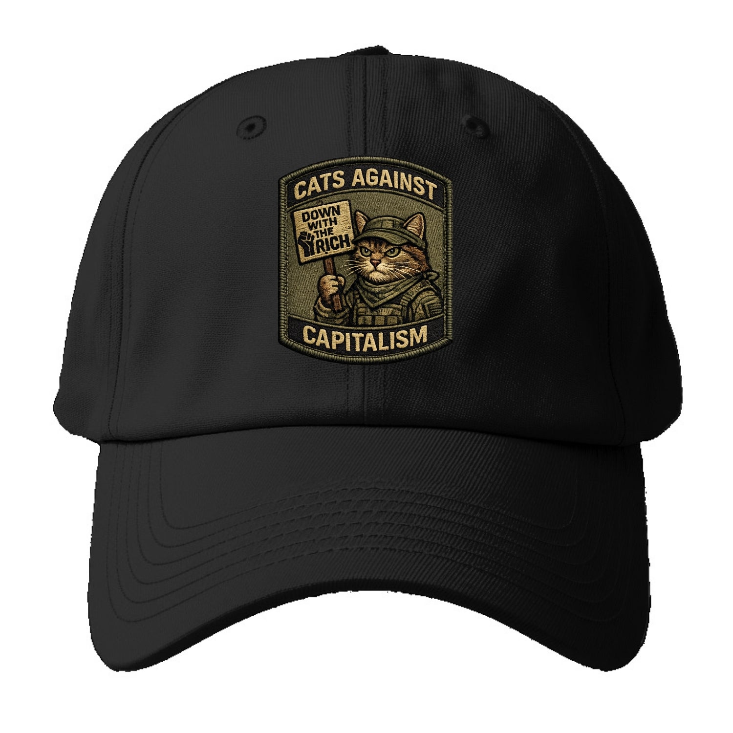 CATS AGAINST CAPITALISM - cat with protest sign in red , political cat - Baseball Cap - Black