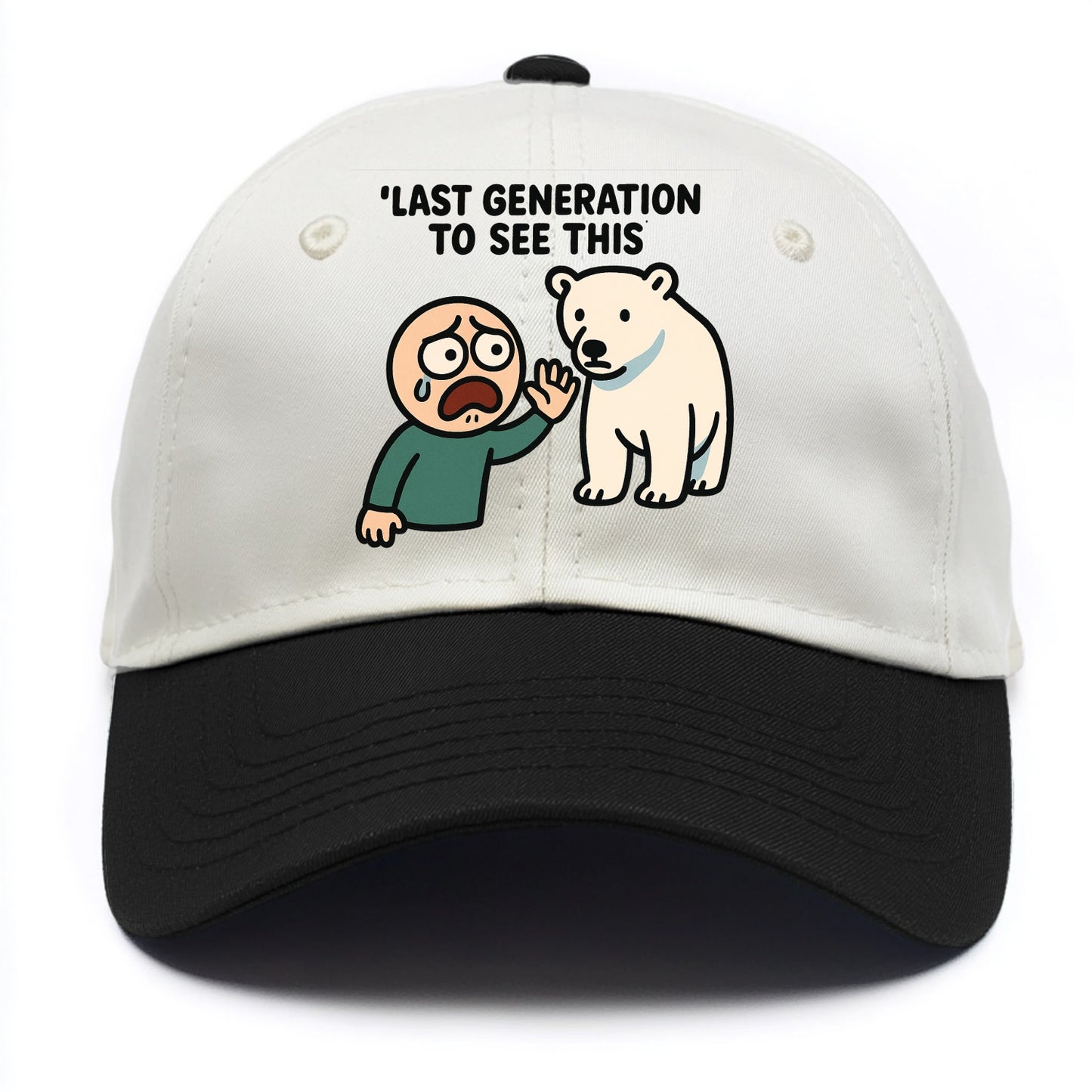 Person waving goodbye to polar bear - "Last generation to see this" - extinction - Two Tone Cap - Black