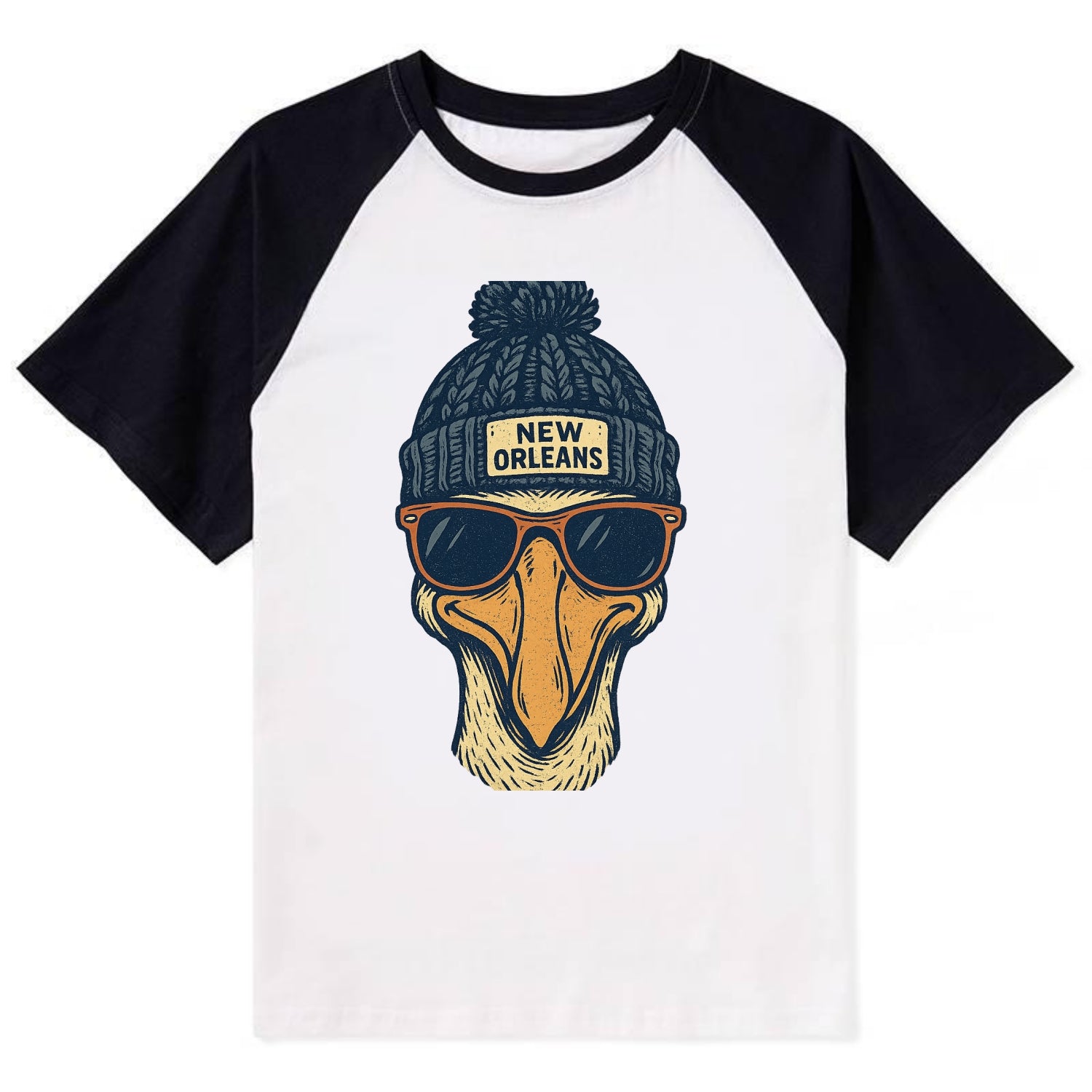 New Orleans Pelican wearing New Orleans beanie with pom pom and wayfarer - Contrast Raglan T-shirt - Black