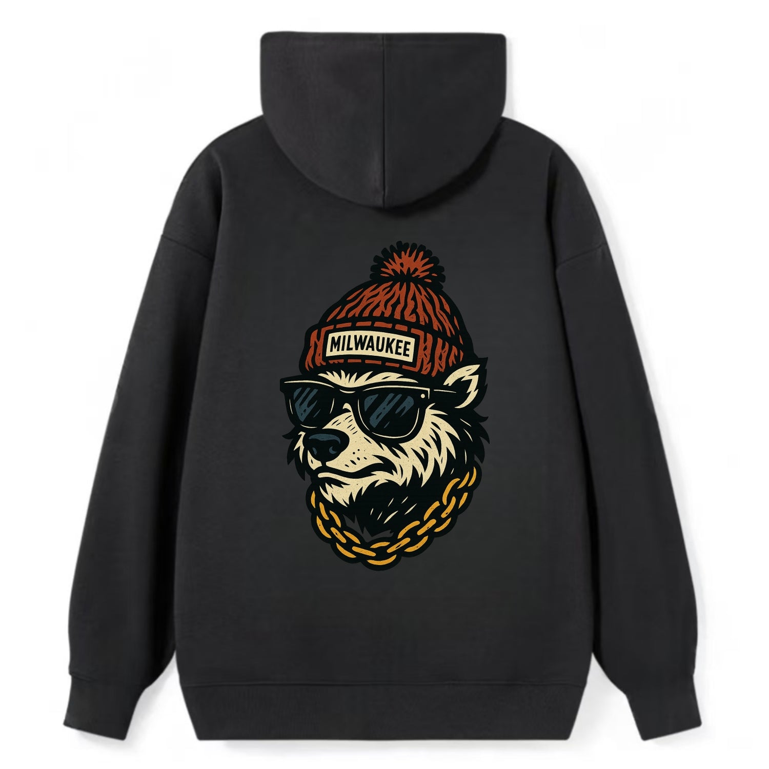 Milwaukee Badger wearing Milwaukee beanie with pom pom and wayfarer - Classic Pullover Hoodie - Black
