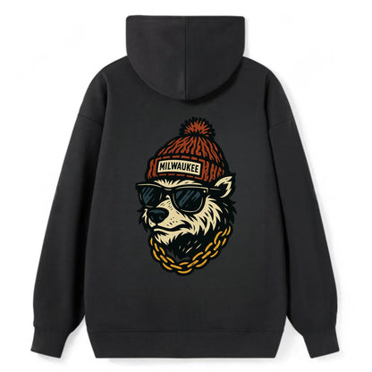 Milwaukee Badger wearing Milwaukee beanie with pom pom and wayfarer - Classic Pullover Hoodie - Black