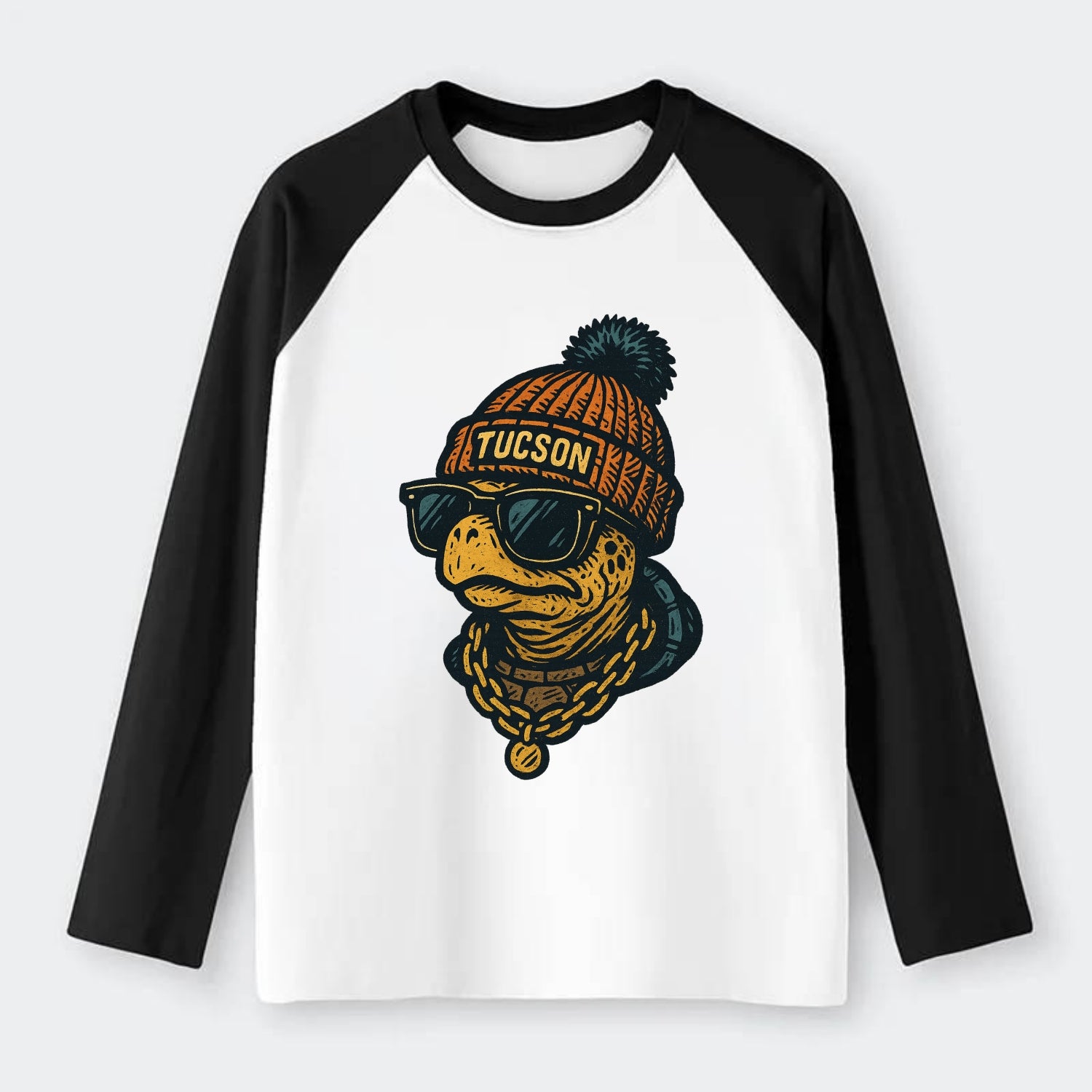 Tucson Desert Tortoise wearing Tucson beanie with pom pom and wayfarer - Raglan Long Sleeve T-Shirt - Black