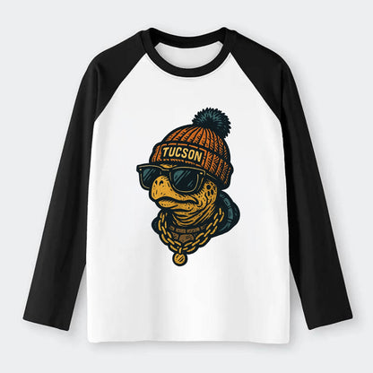Tucson Desert Tortoise wearing Tucson beanie with pom pom and wayfarer - Raglan Long Sleeve T-Shirt - Black