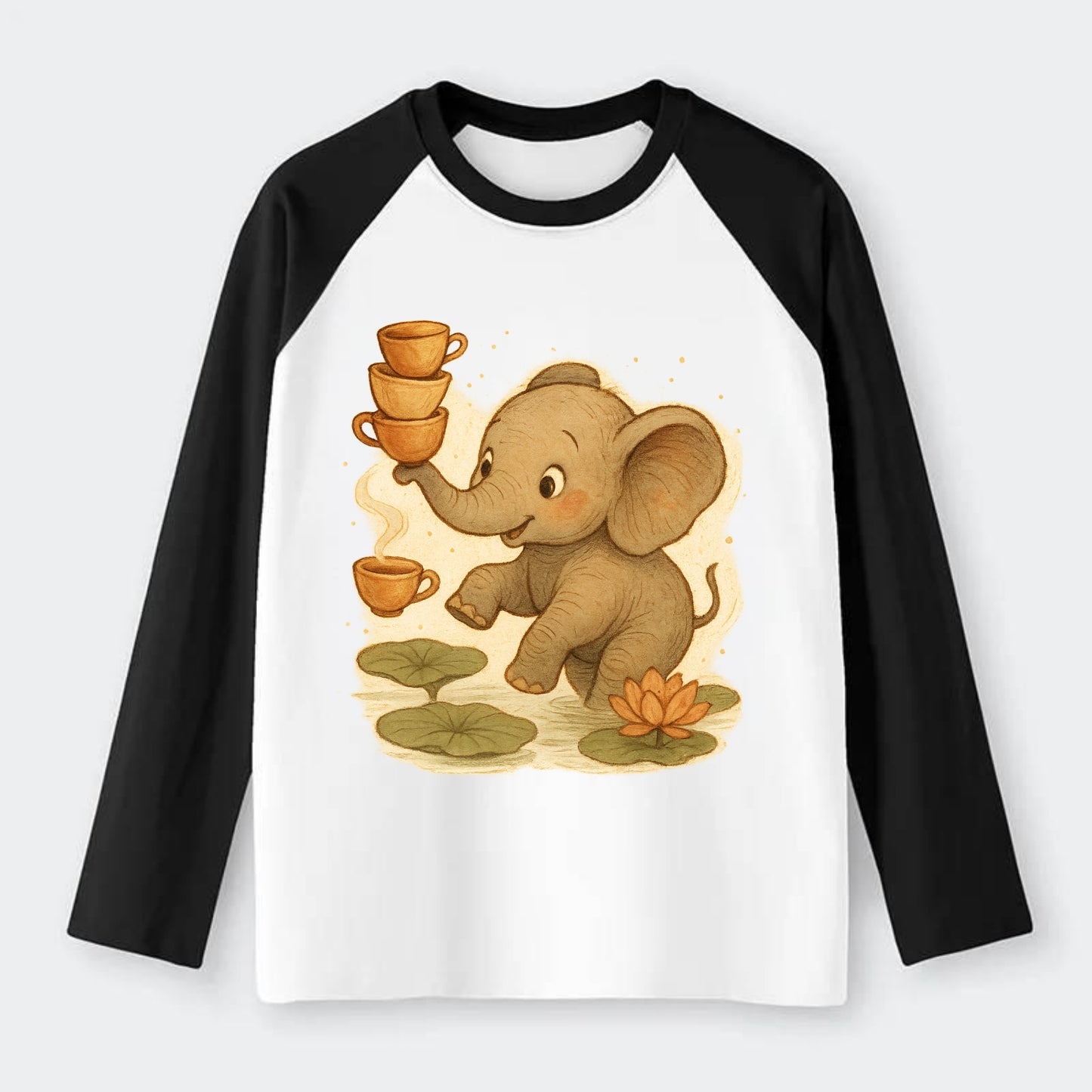 Elephant balancing teacups during a floating tea ceremony beside lotus - Raglan Long Sleeve T-Shirt - Black