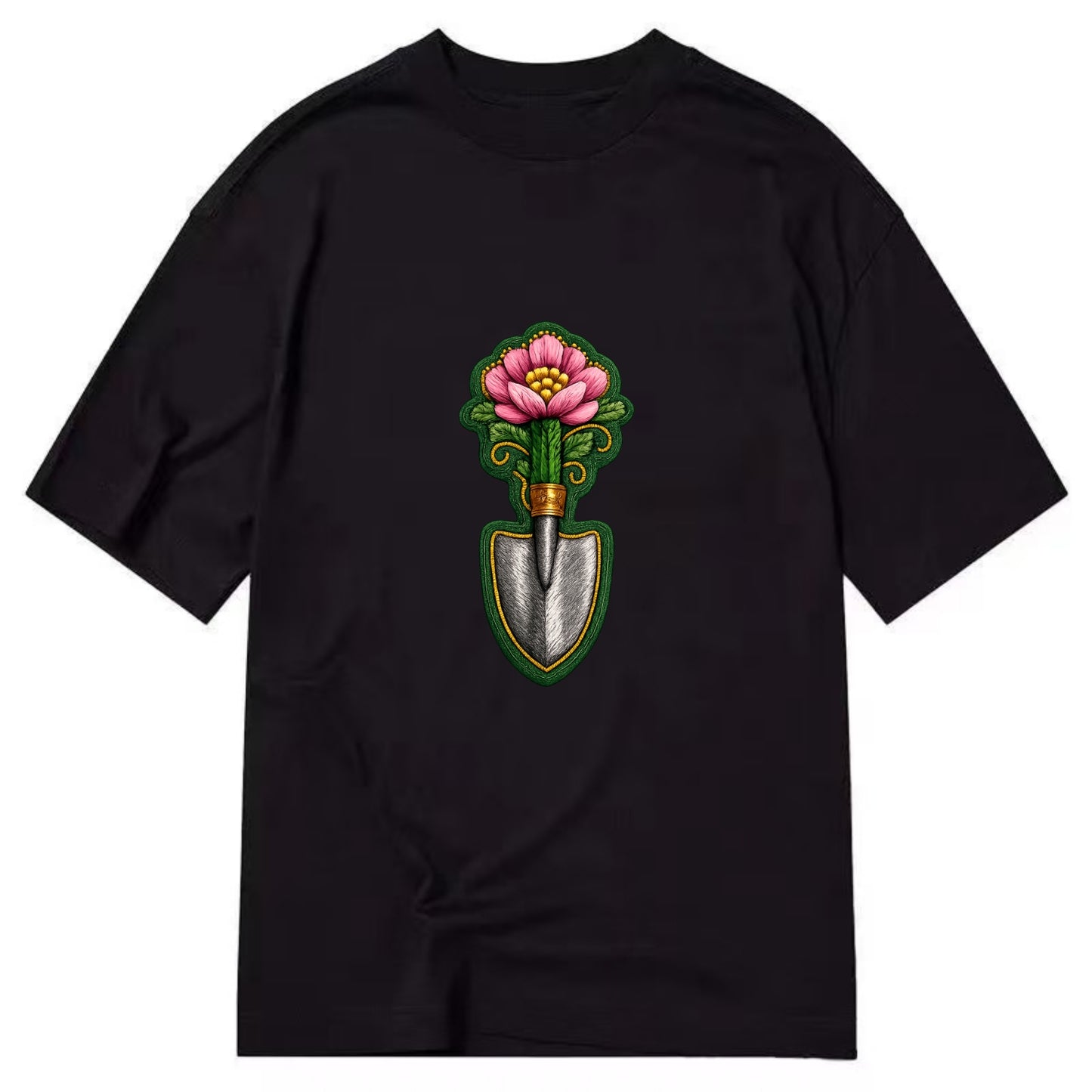 Embroidered patch design - GARDENING TROWEL FLOWER - garden tool with blooming - Classic T-shirt - Black