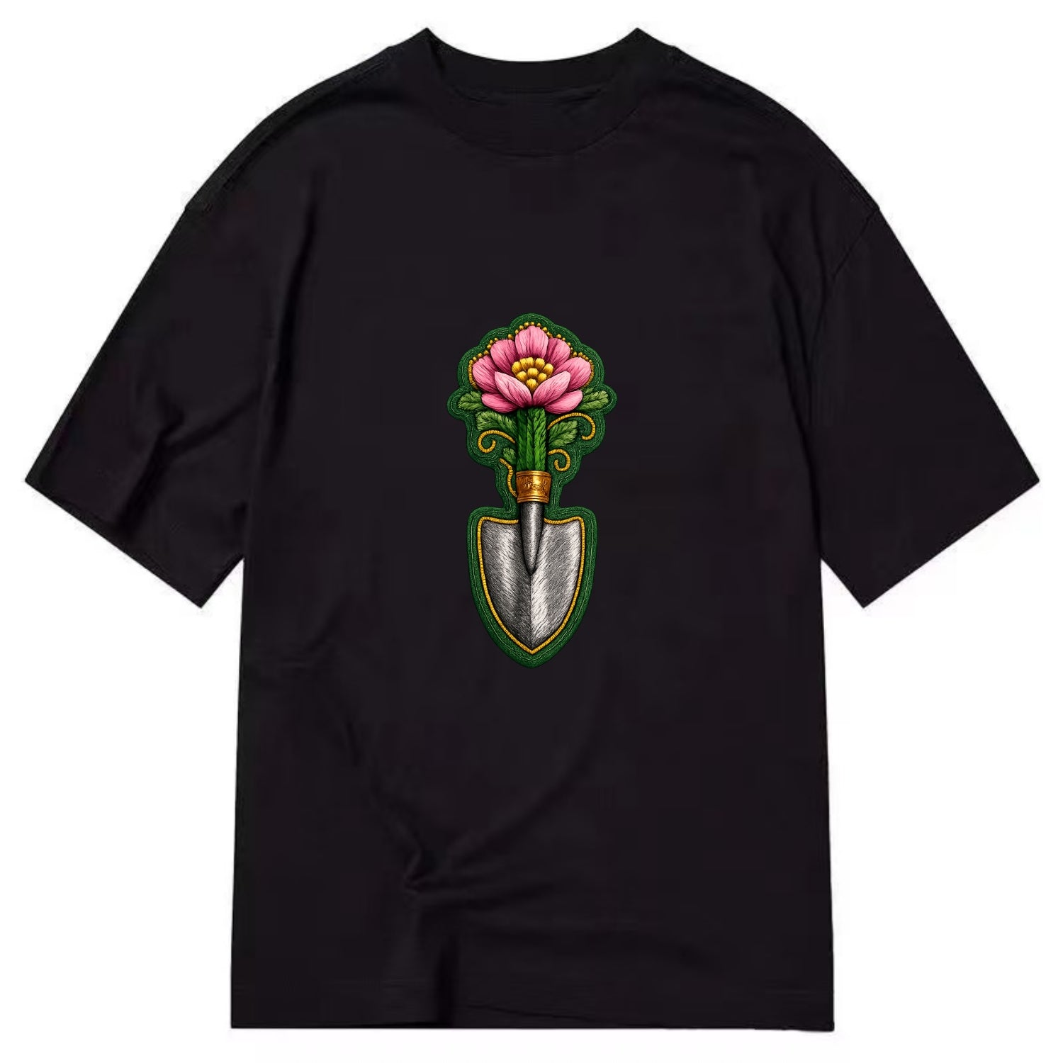 Embroidered patch design - GARDENING TROWEL FLOWER - garden tool with blooming - Classic T-shirt - Black