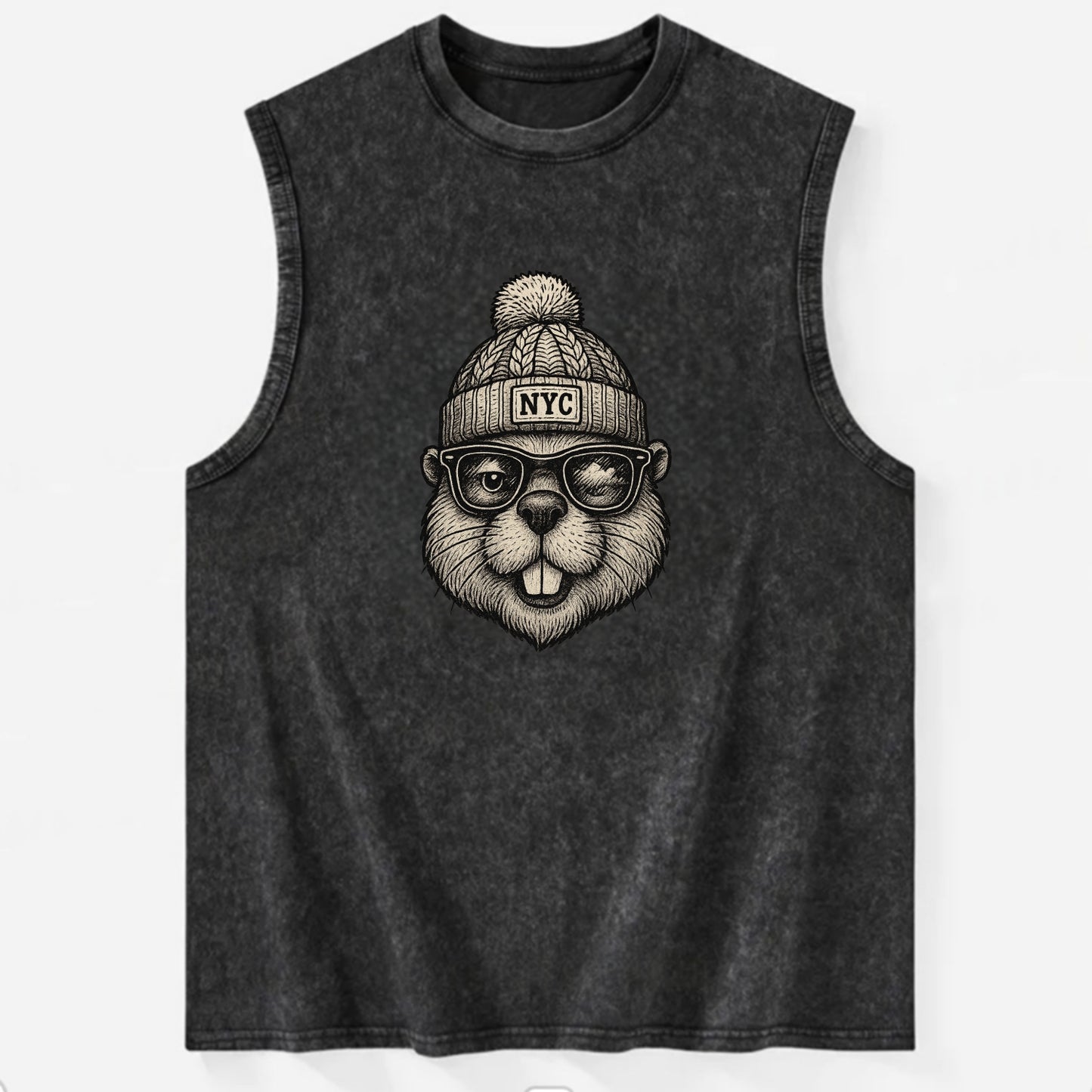 New York Beaver wearing NYC beanie with pom pom and wayfarer sunglasses - Vintage Washed Tank - Black