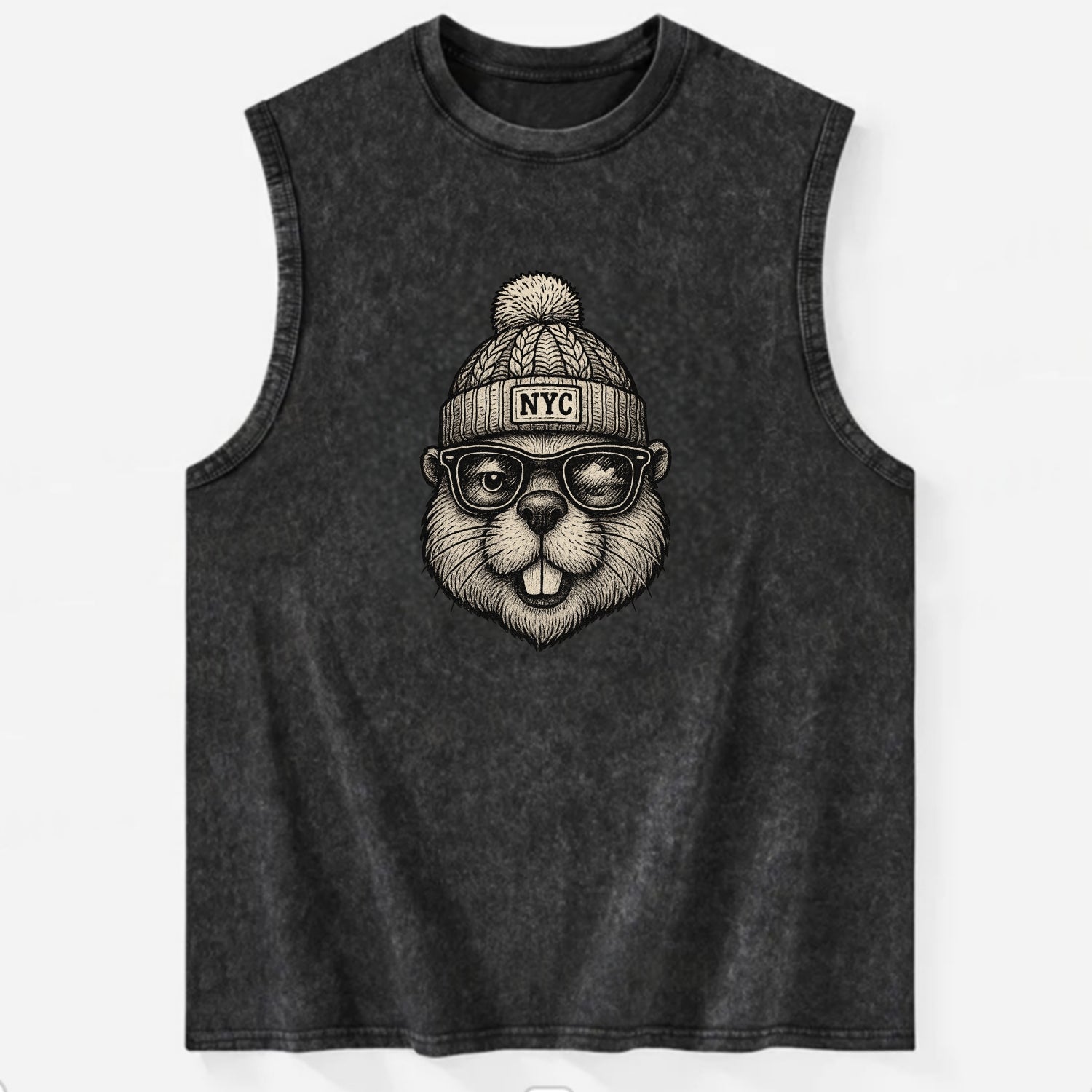 New York Beaver wearing NYC beanie with pom pom and wayfarer sunglasses - Vintage Washed Tank - Black