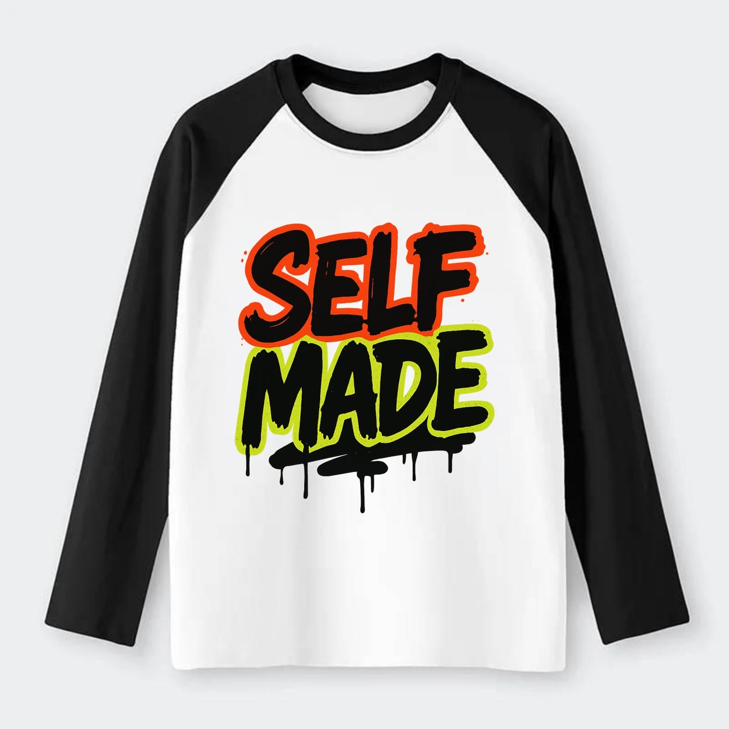 Bold typography design - "SELF MADE" - built from nothing, earned - Raglan Long Sleeve T-Shirt - Black