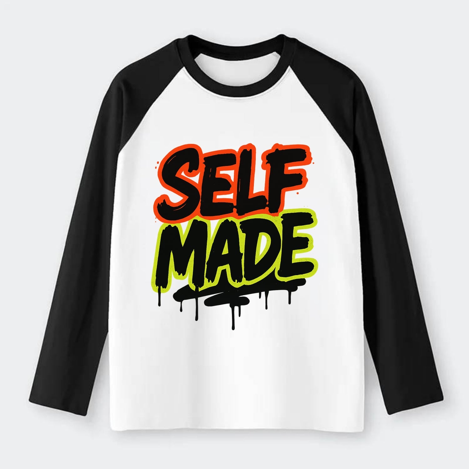 Bold typography design - "SELF MADE" - built from nothing, earned - Raglan Long Sleeve T-Shirt - Black