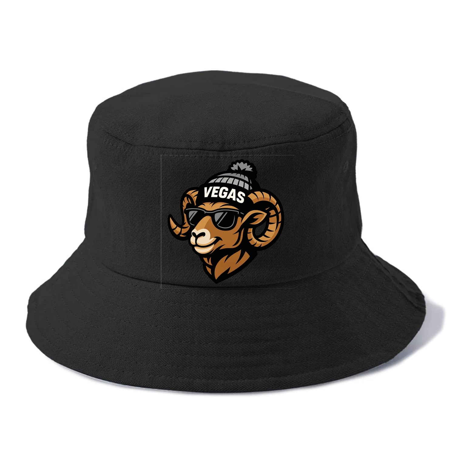 Vegas Desert Bighorn wearing Raiders silver and black beanie with pom pom and wayfarer - Bucket Hat - Black