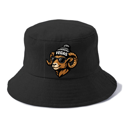 Vegas Desert Bighorn wearing Raiders silver and black beanie with pom pom and wayfarer - Bucket Hat - Black