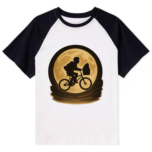 boy with bicycle flying across full moon with silhouette - Contrast Raglan T-shirt - Black