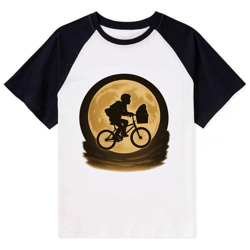 boy with bicycle flying across full moon with silhouette - Contrast Raglan T-shirt