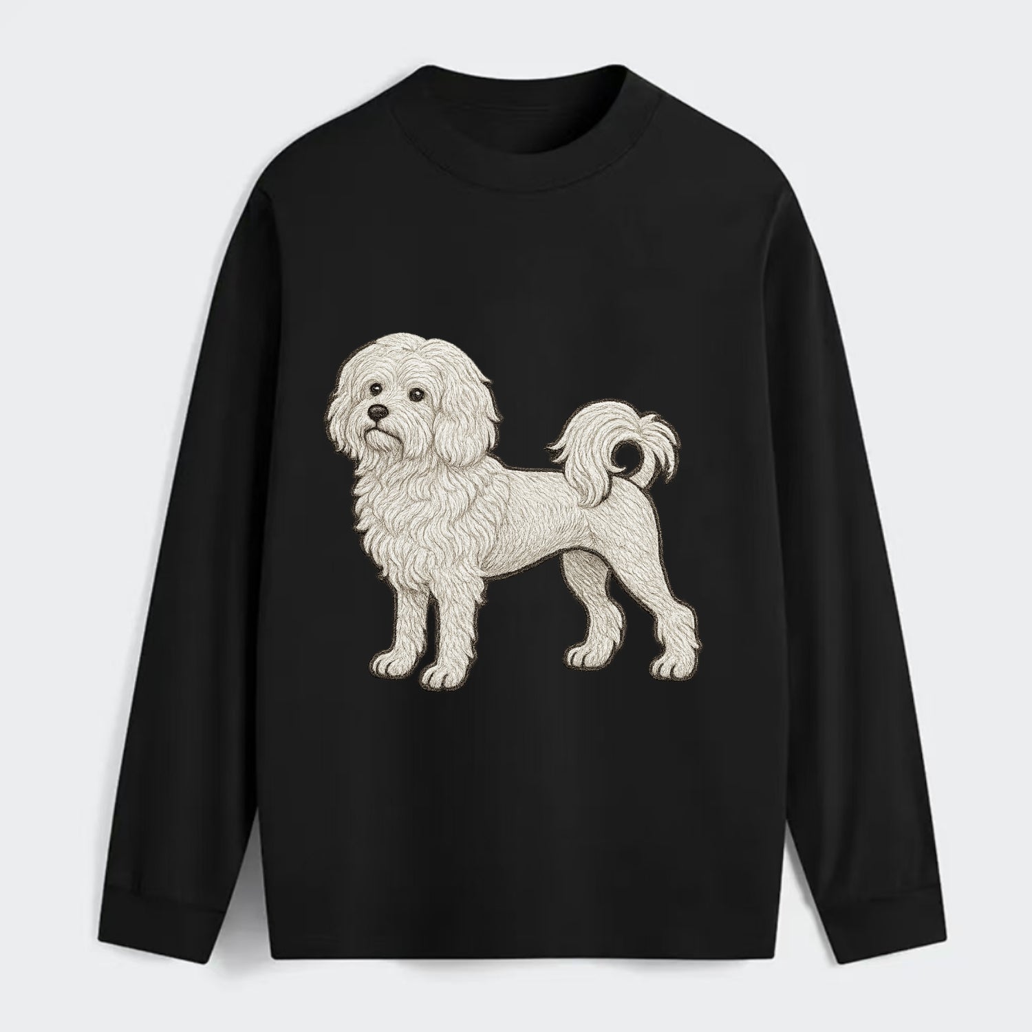 Löwchen - Little Lion Dog white embroidered pose - Classic Long Sleeve Shirt - Black