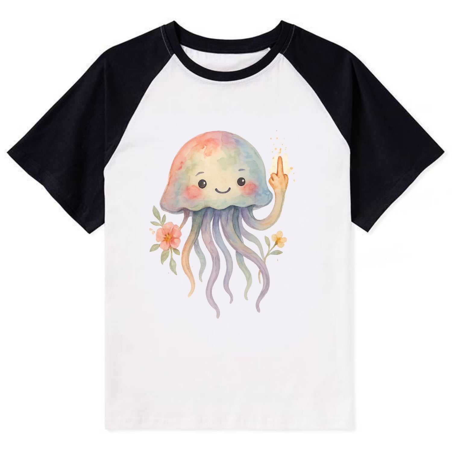 jellyfish with kawaii face and tentacles, one tentacle pointing up - Contrast Raglan T-shirt - Black