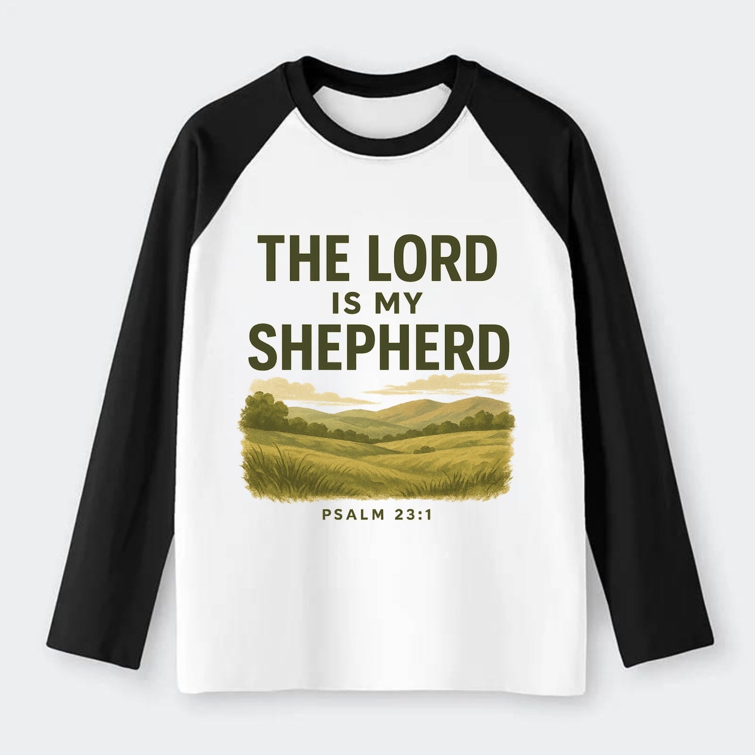Psalm 23:1 Meadow - Raglan Long Sleeve T-Shirt - Black