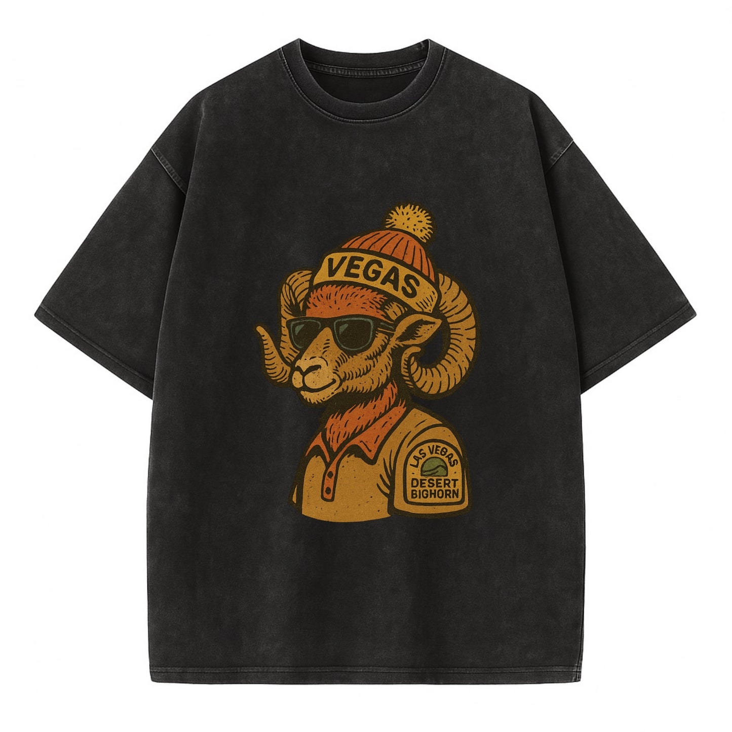 Las Vegas Desert Bighorn wearing Vegas beanie with pom pom and wayfarer sunglasses - Vintage T-shirt - Black
