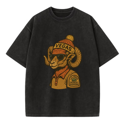 Las Vegas Desert Bighorn wearing Vegas beanie with pom pom and wayfarer sunglasses - Vintage T-shirt - Black