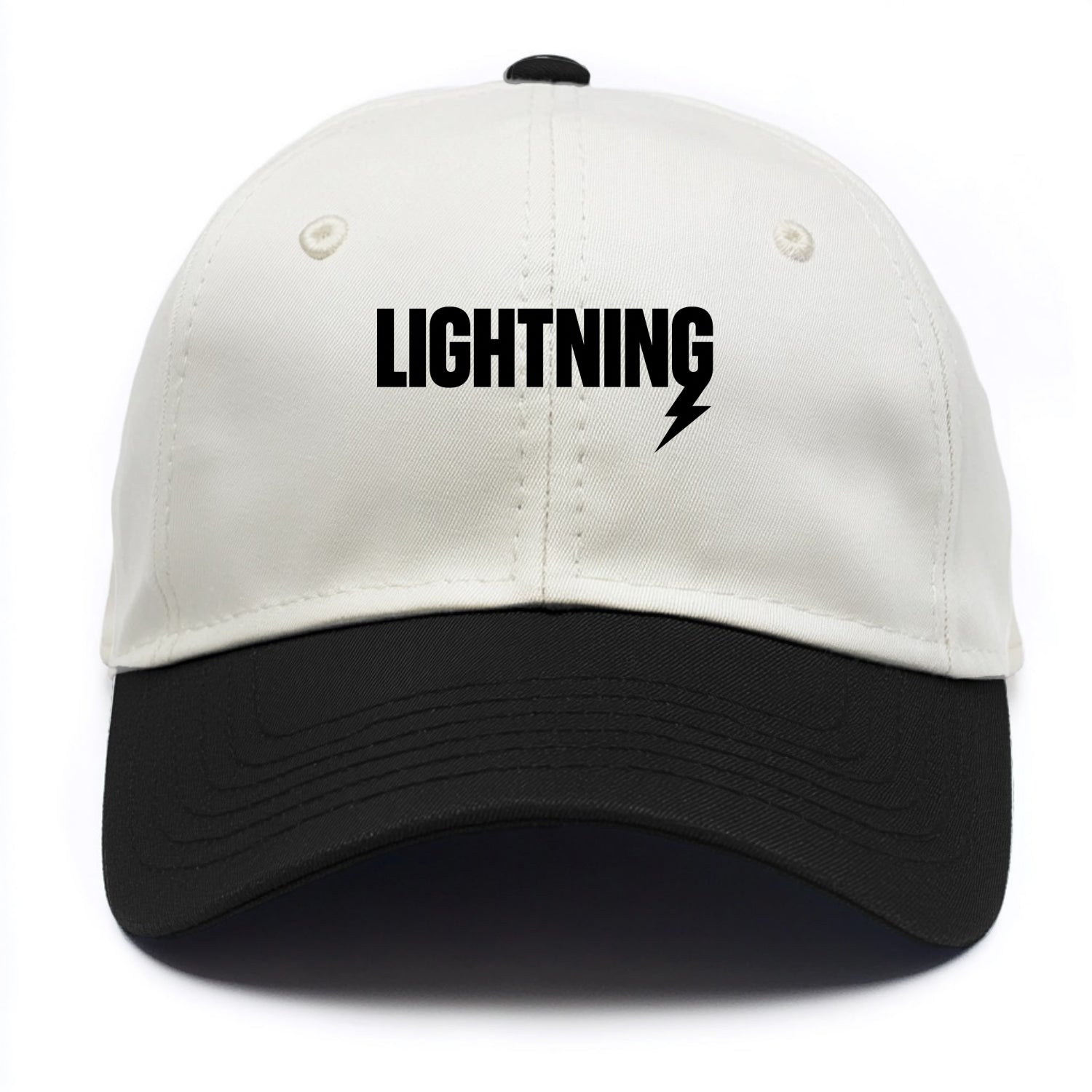 Bold typography design - "LIGHTNING" - fast, electric, striking - Two Tone Cap - Black