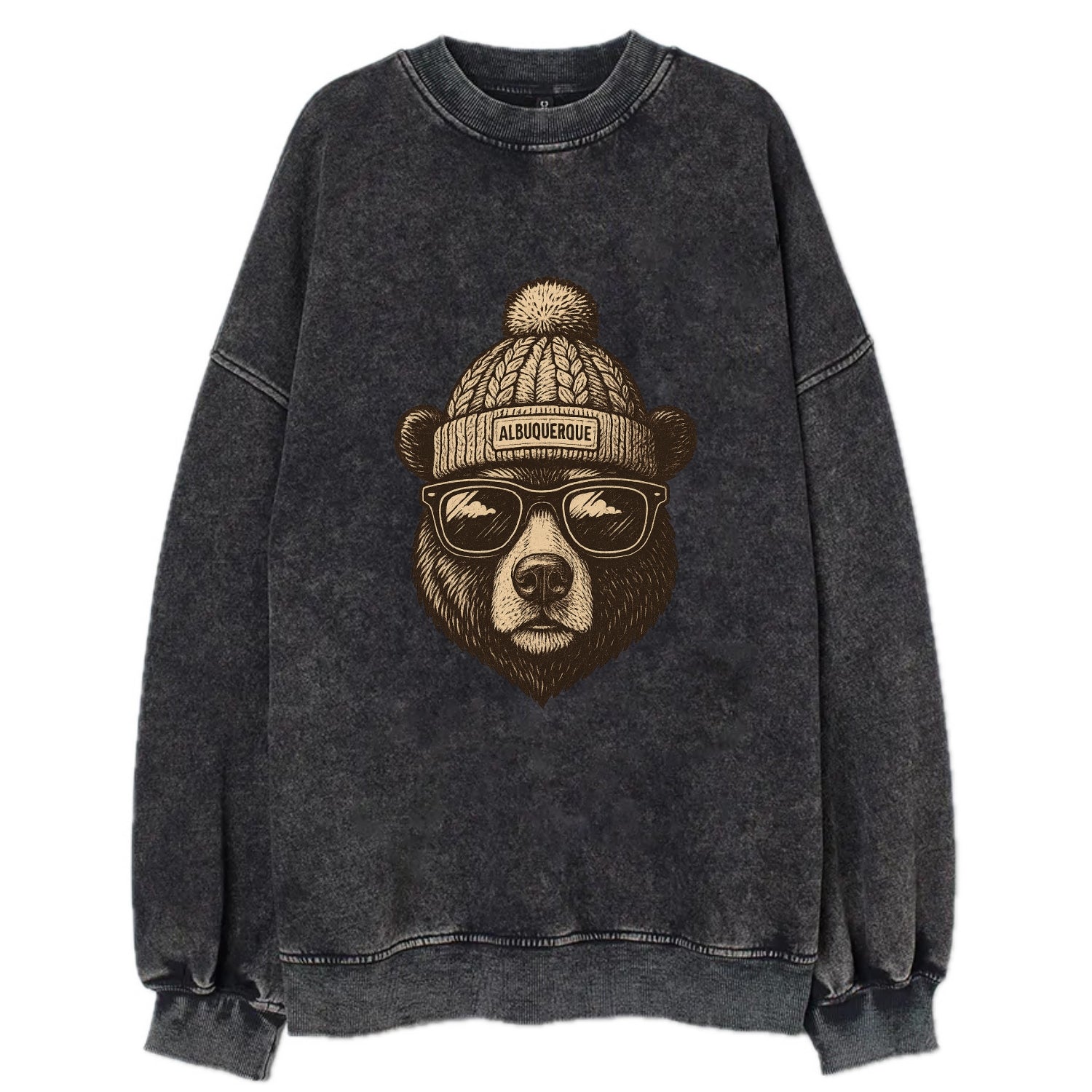 New Mexico Black Bear wearing Albuquerque beanie with pom pom and wayfarer - Vintage Sweatshirt - Black