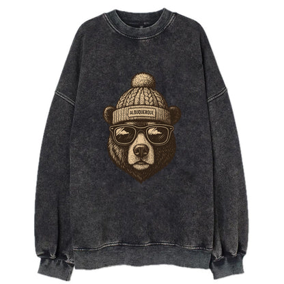 New Mexico Black Bear wearing Albuquerque beanie with pom pom and wayfarer - Vintage Sweatshirt - Black