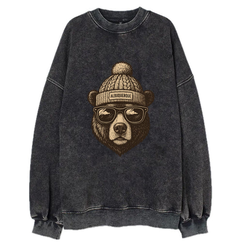 New Mexico Black Bear wearing Albuquerque beanie with pom pom and wayfarer - Vintage Sweatshirt