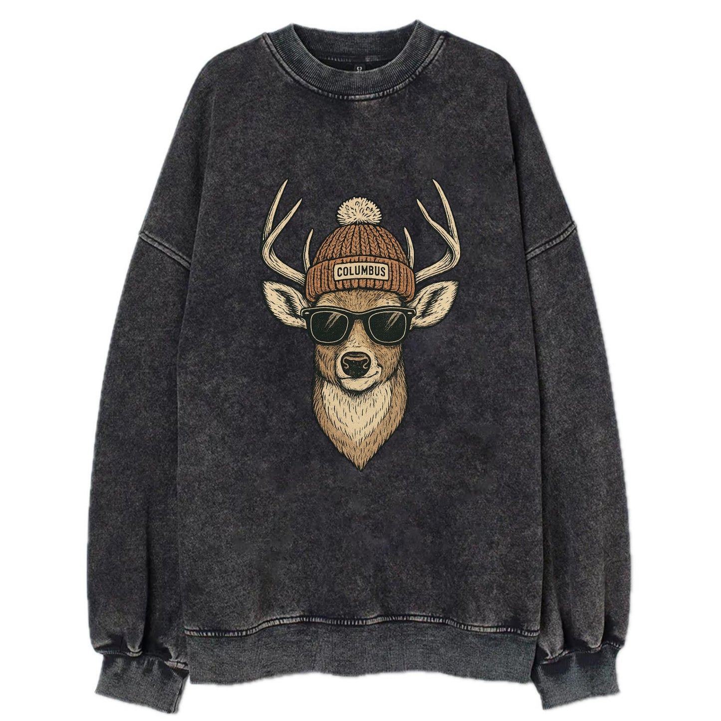 Ohio White-tailed Deer wearing Columbus beanie with pom pom and wayfarer - Vintage Sweatshirt - Black