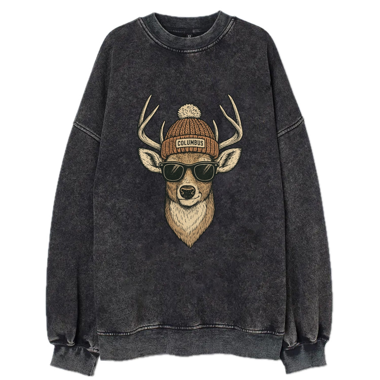 Ohio White-tailed Deer wearing Columbus beanie with pom pom and wayfarer - Vintage Sweatshirt - Black