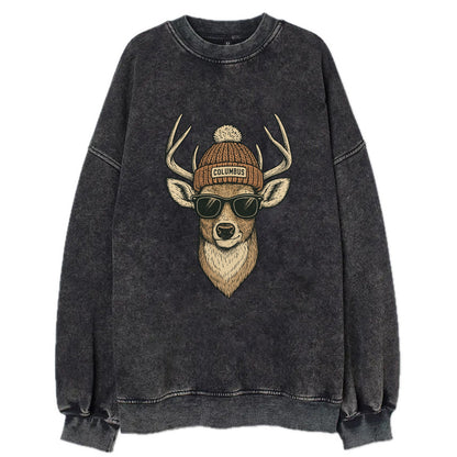 Ohio White-tailed Deer wearing Columbus beanie with pom pom and wayfarer - Vintage Sweatshirt - Black