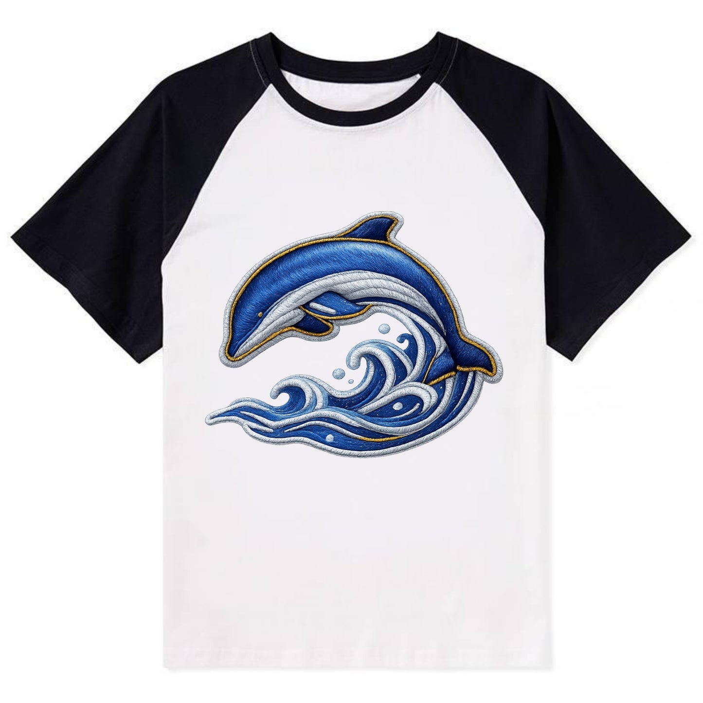 Embroidered patch design - SWIMMING DOLPHIN - diving dolphin with waves - Contrast Raglan T-shirt - Black