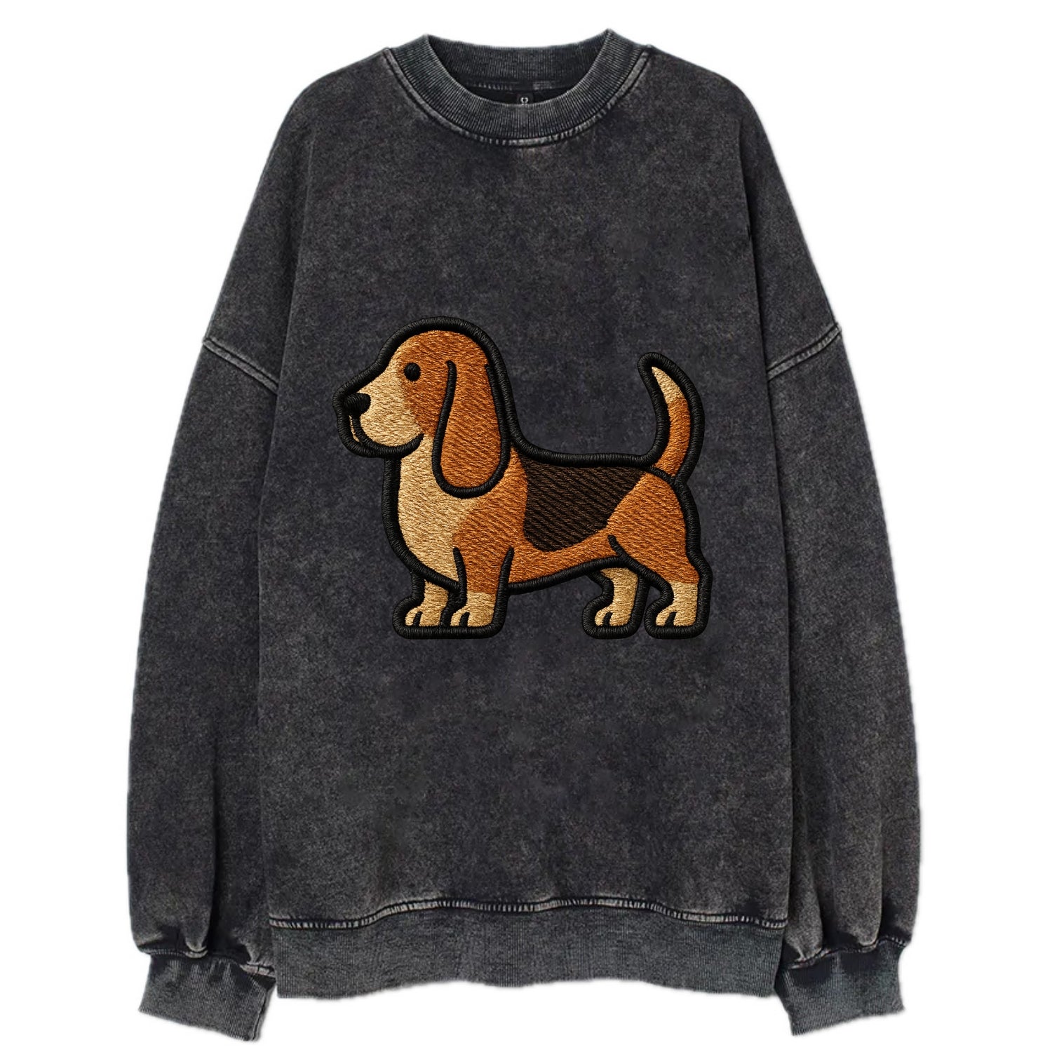Basset Hound - Trendy low-rider design with prominent black outline - Vintage Sweatshirt - Black