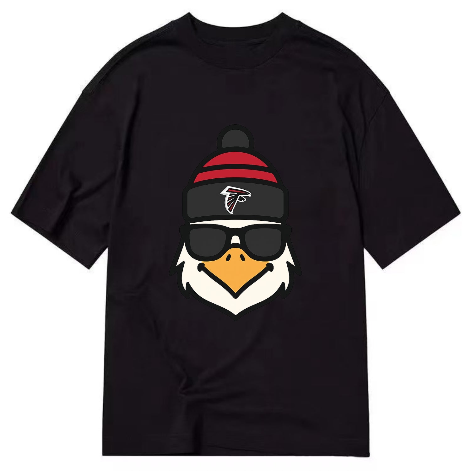 Atlanta Falcon wearing Falcons red and black beanie with pom pom and wayfarer - Classic T-shirt - Black