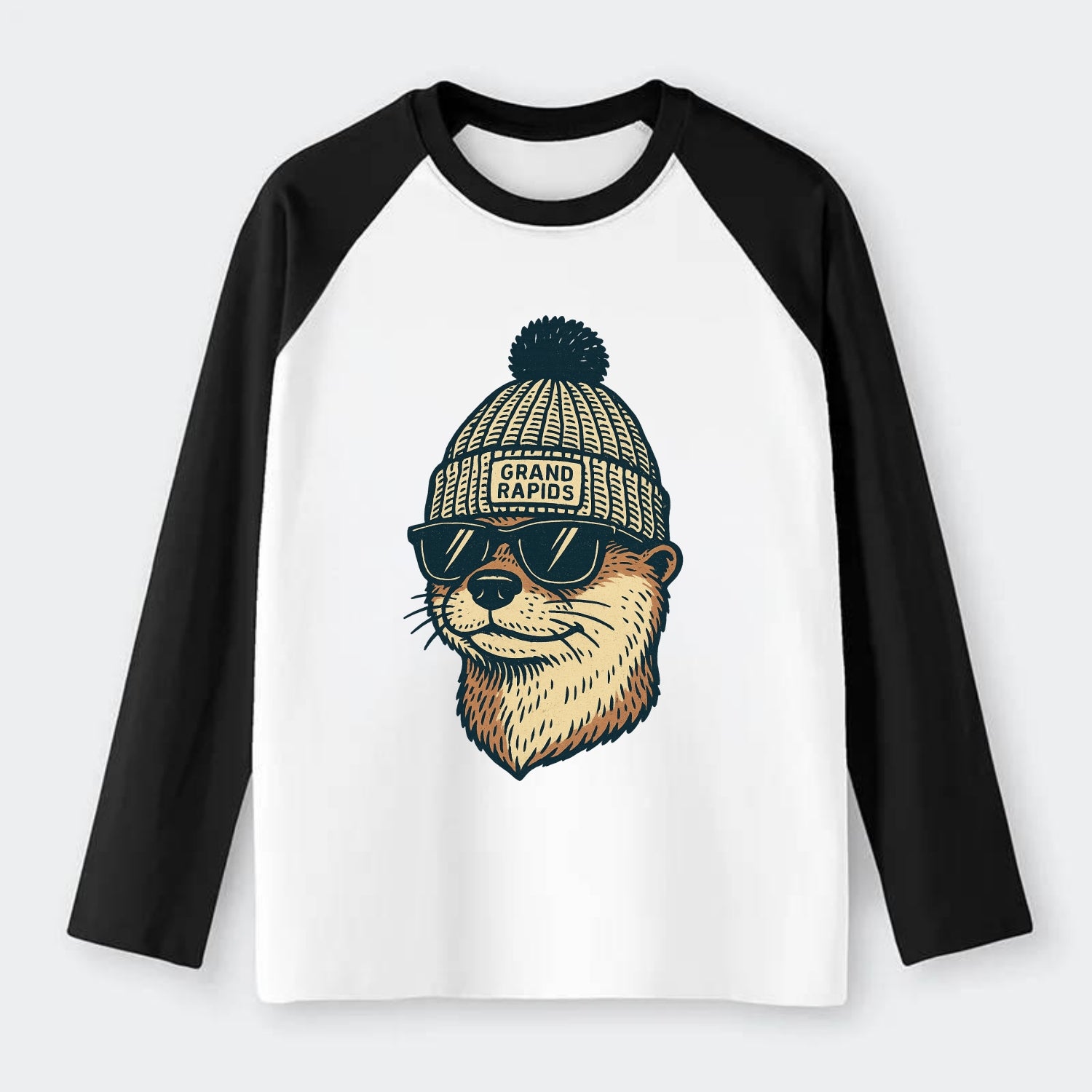 Grand Rapids River Otter wearing Grand Rapids beanie with pom pom and - Raglan Long Sleeve T-Shirt - Black
