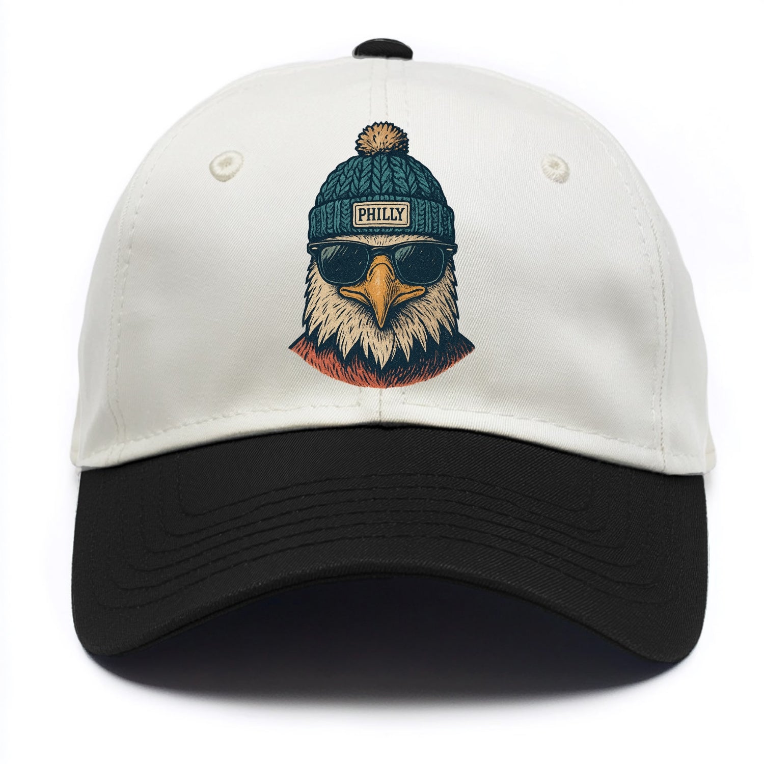 Philadelphia Eagle wearing Philly beanie with pom pom and wayfarer sunglasses - Two Tone Cap - Black
