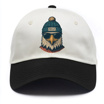 Philadelphia Eagle wearing Philly beanie with pom pom and wayfarer sunglasses - Two Tone Cap - Black