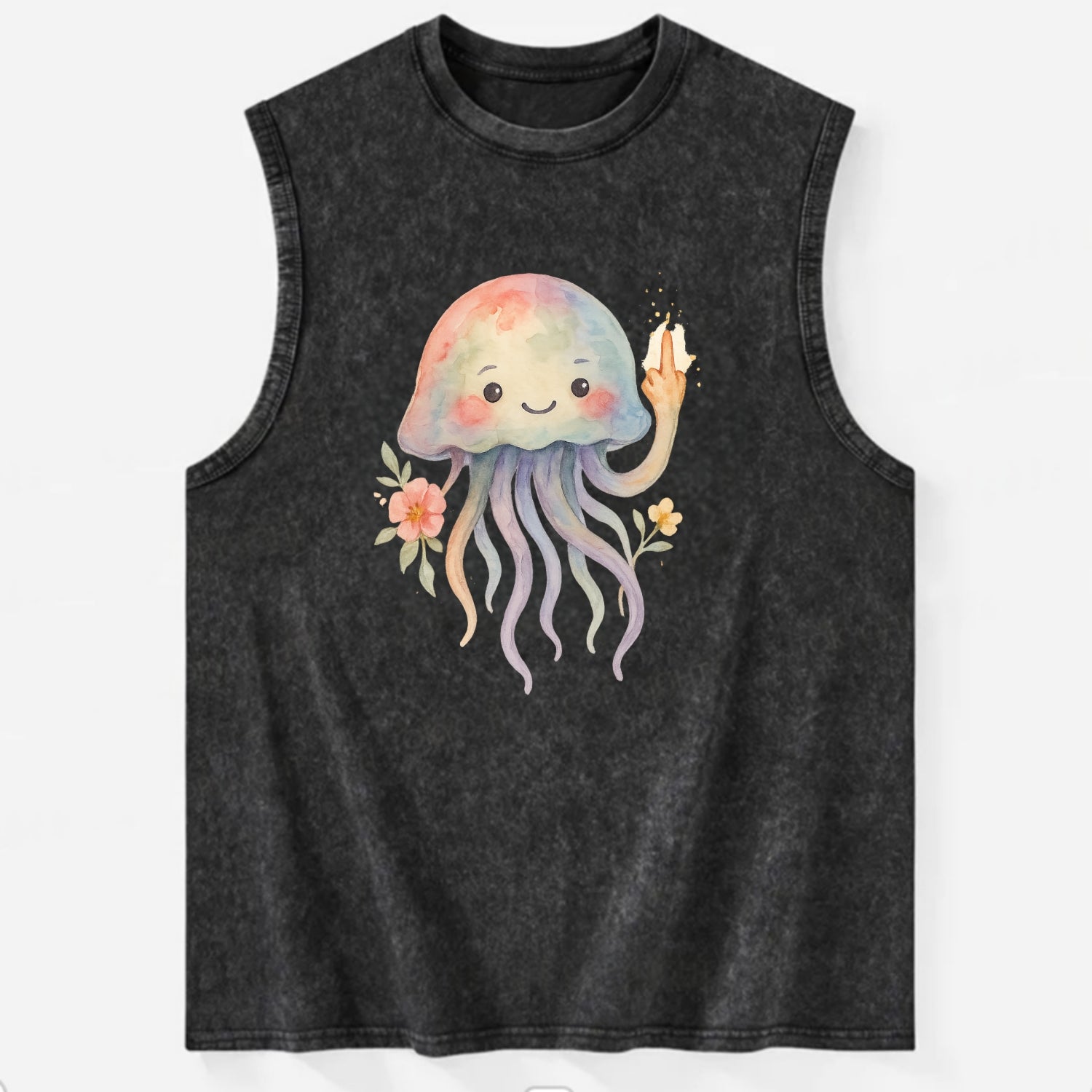 jellyfish with kawaii face and tentacles, one tentacle pointing up defiantly - Vintage Washed Tank - Black