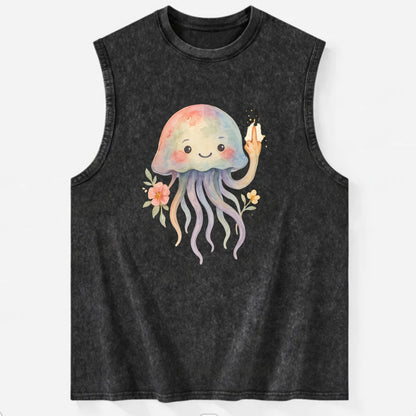 jellyfish with kawaii face and tentacles, one tentacle pointing up defiantly - Vintage Washed Tank - Black