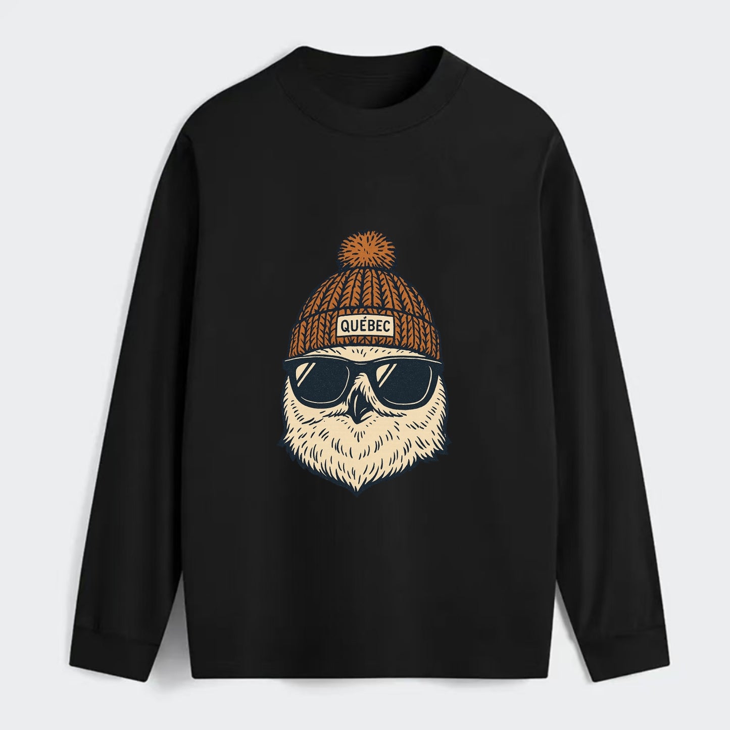 Quebec City Snowy Owl wearing Quebec beanie with pom pom and wayfarer - Classic Long Sleeve Shirt - Black