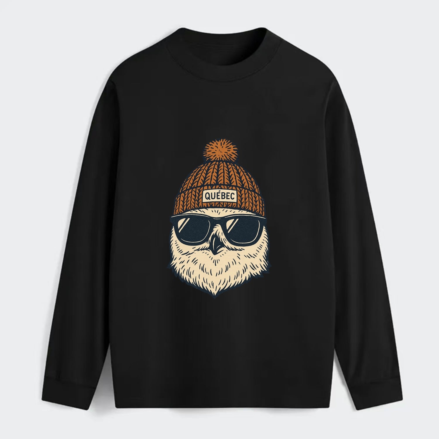 Quebec City Snowy Owl wearing Quebec beanie with pom pom and wayfarer - Classic Long Sleeve Shirt - Black