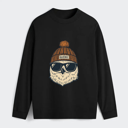 Quebec City Snowy Owl wearing Quebec beanie with pom pom and wayfarer - Classic Long Sleeve Shirt - Black