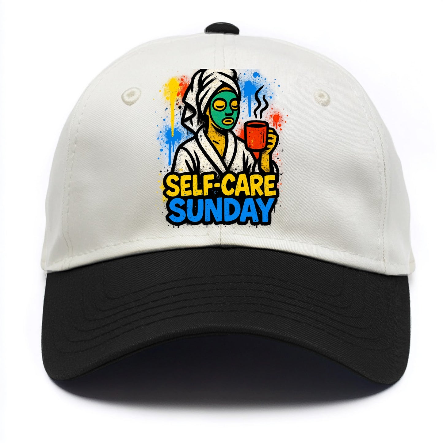 Person in bathrobe with face mask and tea - self-care Sunday ritual, wellness - Two Tone Cap - Black