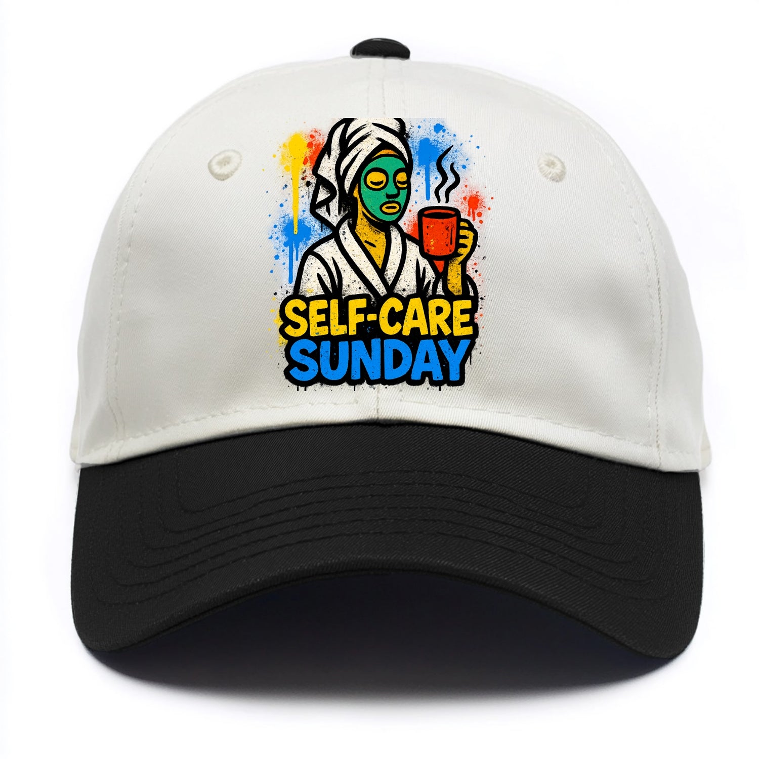 Person in bathrobe with face mask and tea - self-care Sunday ritual, wellness - Two Tone Cap - Black